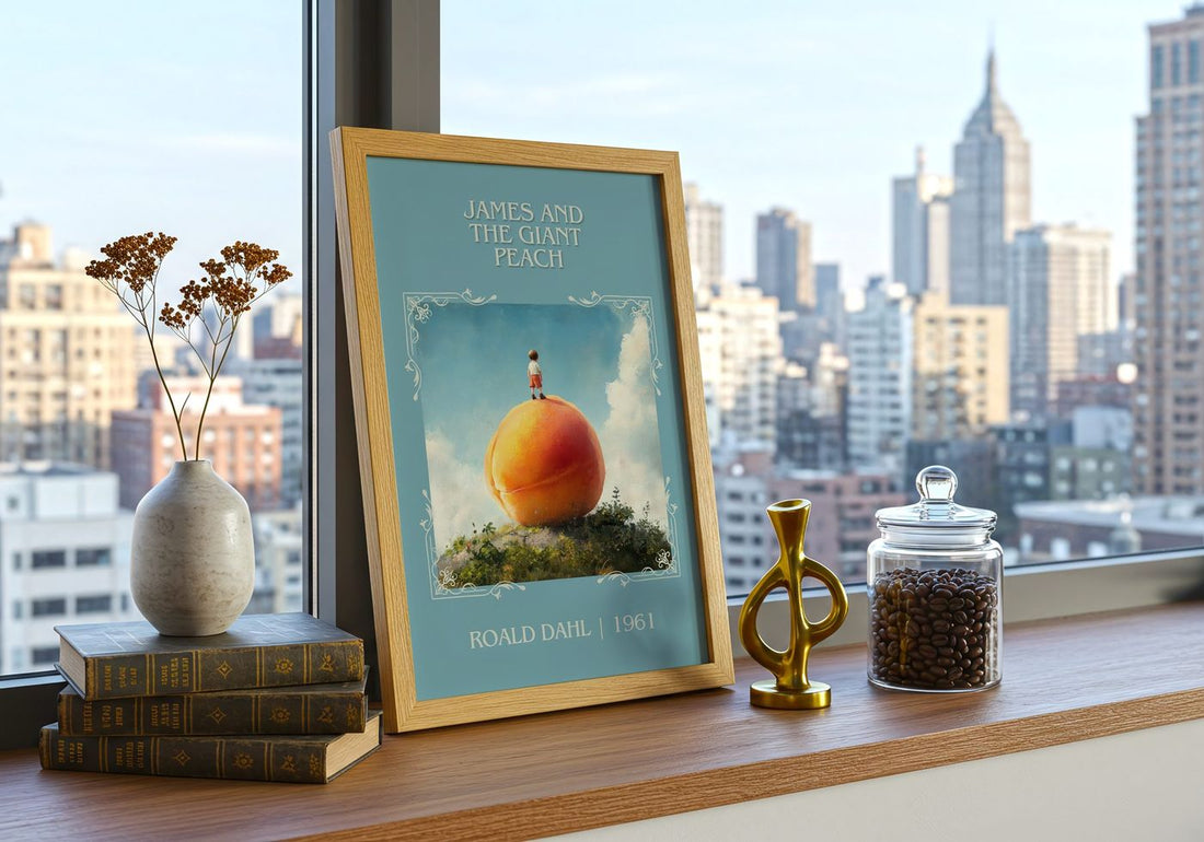 James and the Giant Peach Classic Book Art Print by Roald Dahl – framed print on a city-view windowsill