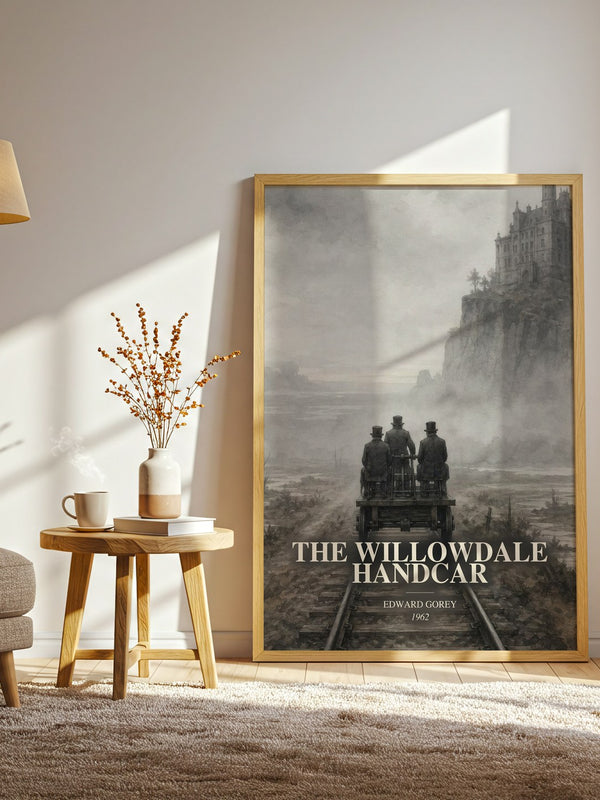 The Willowdale Handcar watercolour print in frame leaning in hallway – childrens wall art
