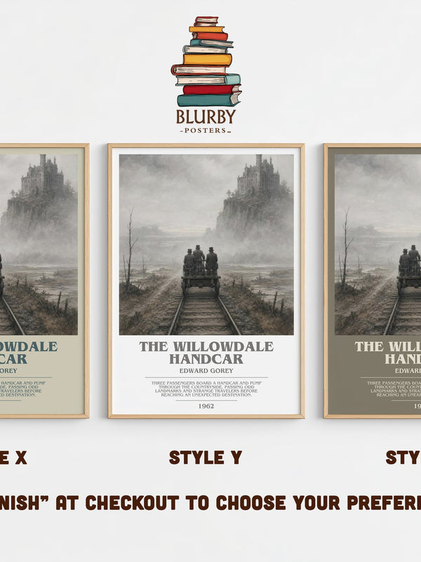 The Willowdale Handcar bookish print in frame leaning in hallway – childrens wall art