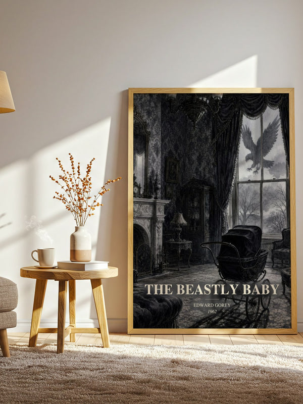 The Beastly Baby watercolour print in frame leaning in hallway – childrens wall art
