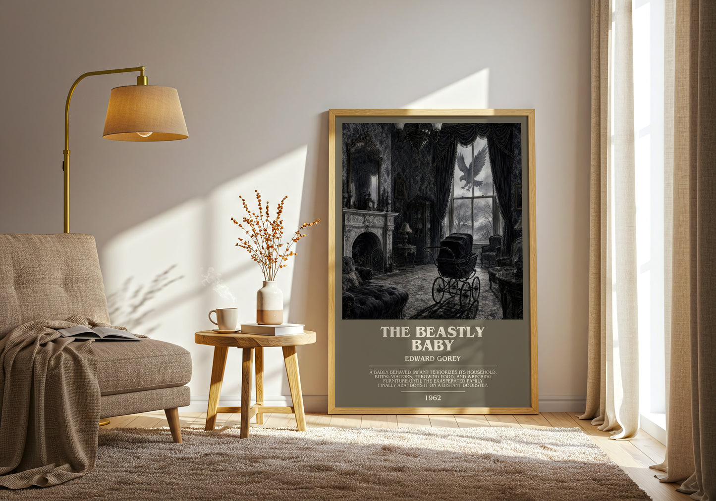 The Beastly Baby bookish print on bookshelf – Edward Gorey fan gift