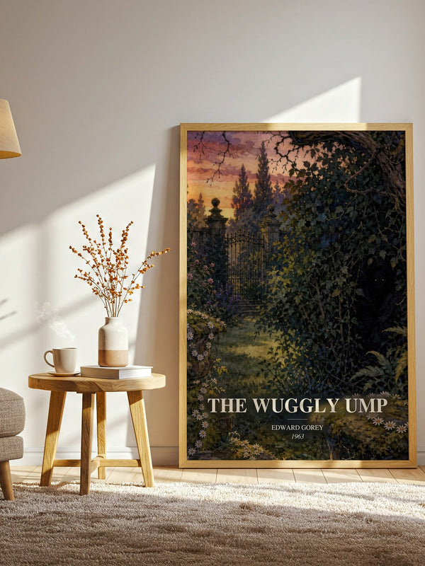 The Wuggly Ump watercolour print in frame leaning in hallway – childrens wall art