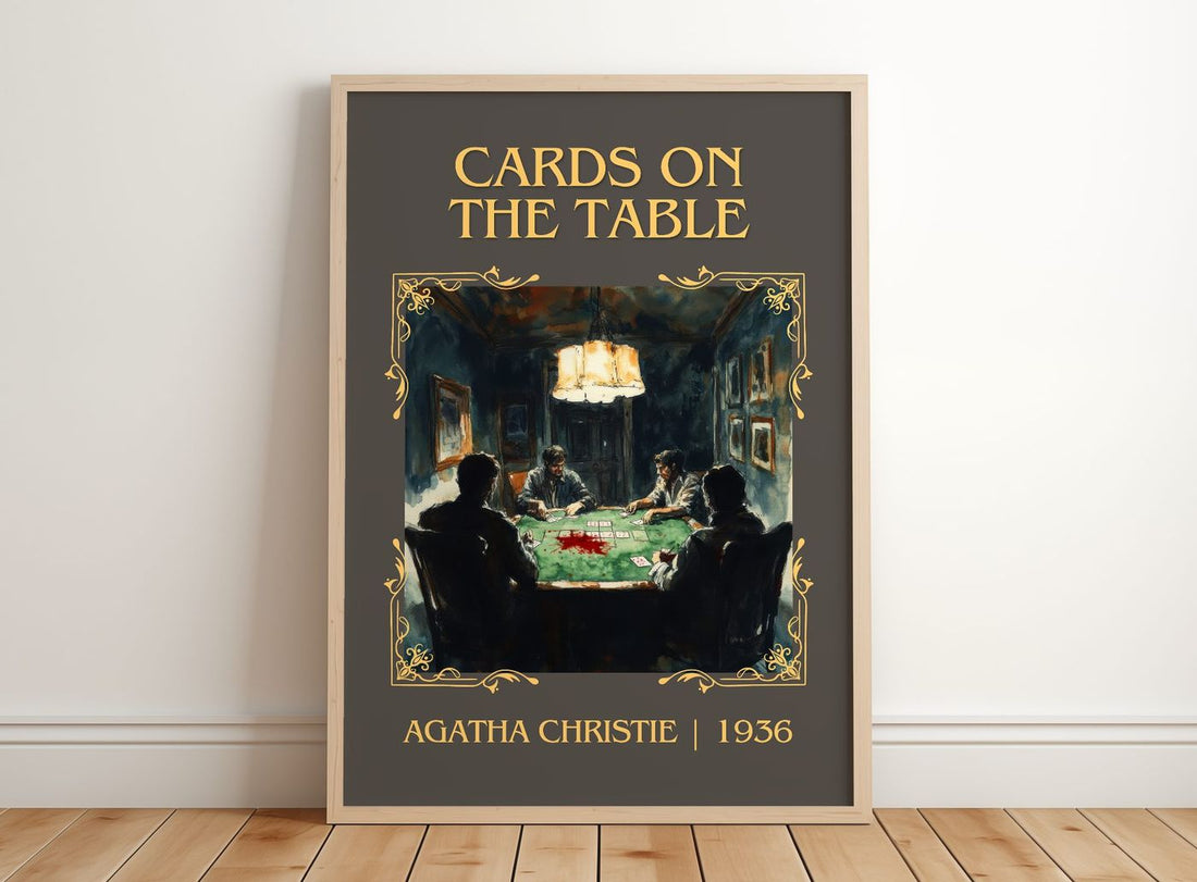 Cards on the Table Classic Book Art Print by Agatha Christie – framed print leaning on a wooden floor