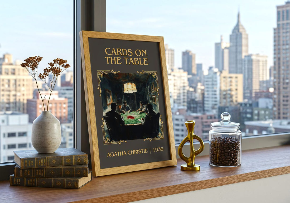 Cards on the Table Classic Book Art Print by Agatha Christie – framed print on a city-view windowsill
