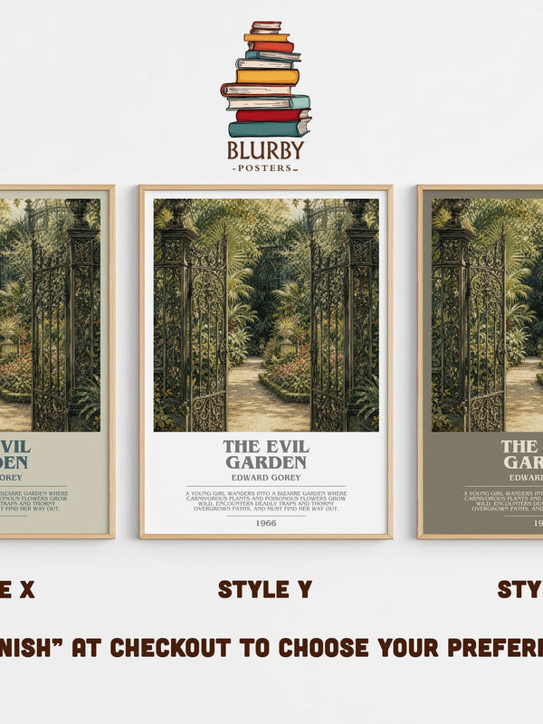 The Evil Garden bookish print in frame leaning in hallway – childrens wall art