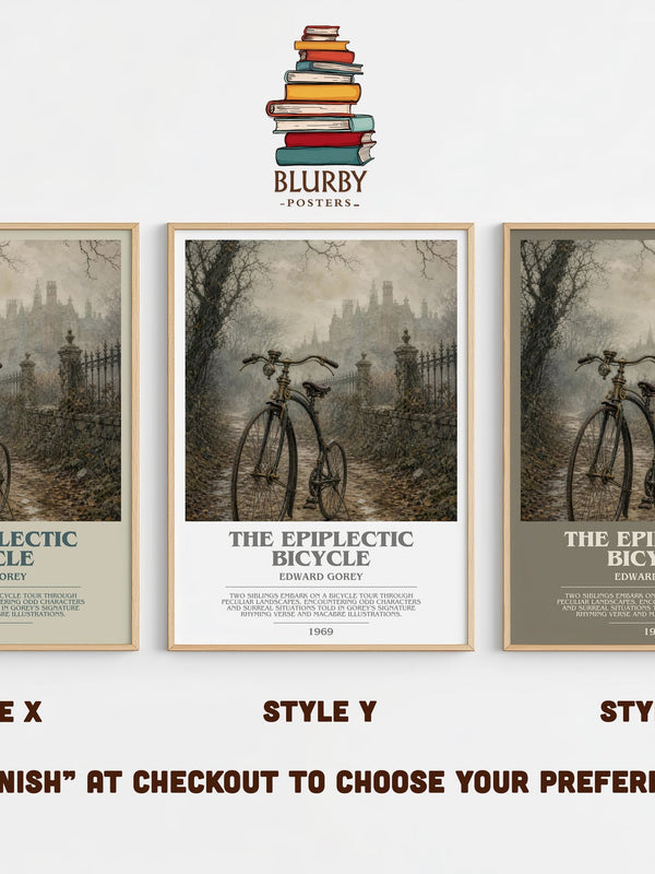 The Epiplectic Bicycle bookish print in frame leaning in hallway – childrens wall art