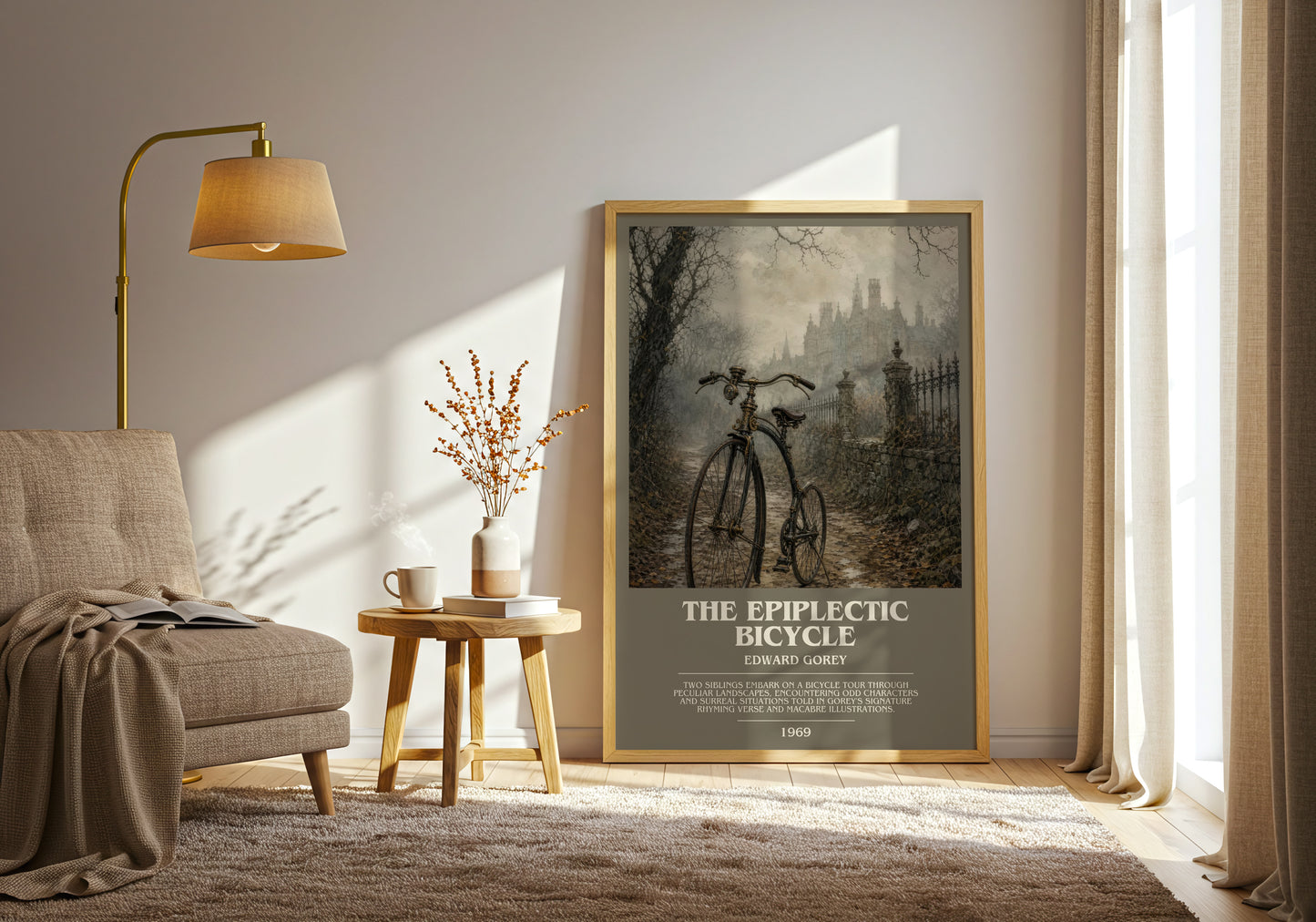 The Epiplectic Bicycle bookish print on bookshelf – Edward Gorey fan gift