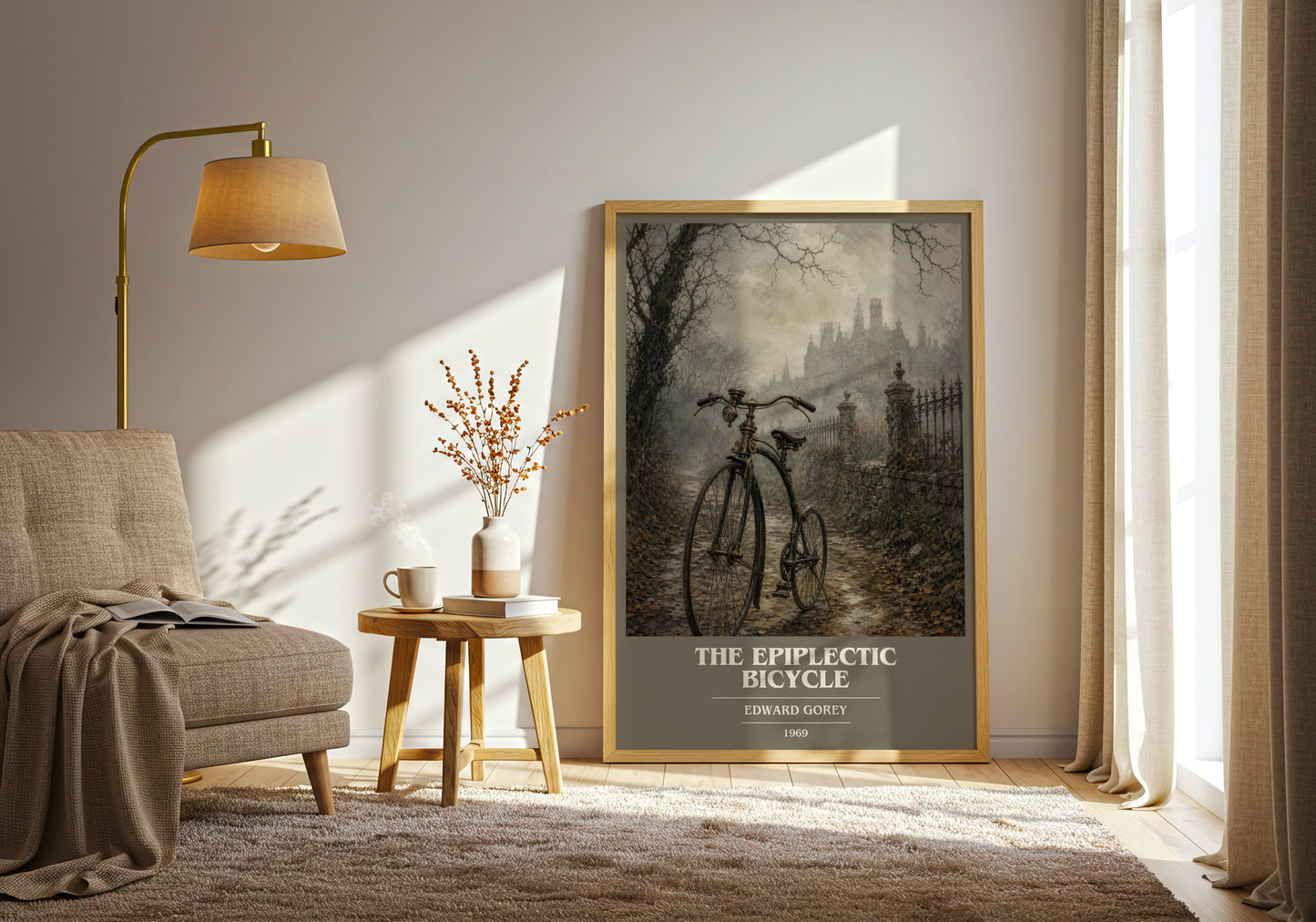 The Epiplectic Bicycle book cover print on bookshelf – Edward Gorey fan gift