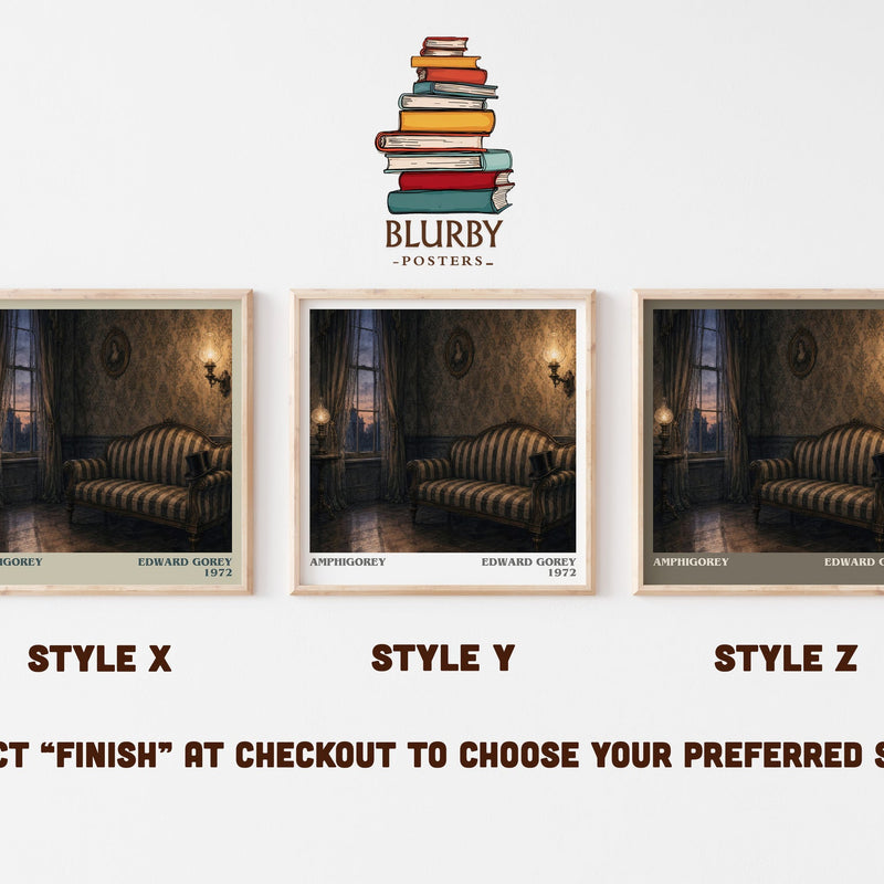 Amphigorey literary print in frame leaning in hallway – poetry wall art