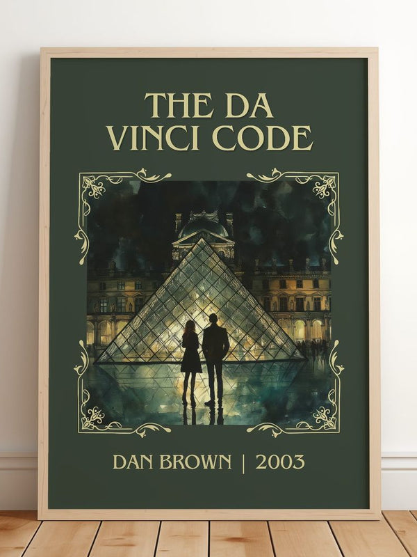 The Da Vinci Code Classic Book Art Print by Dan Brown – framed print leaning on a wooden floor