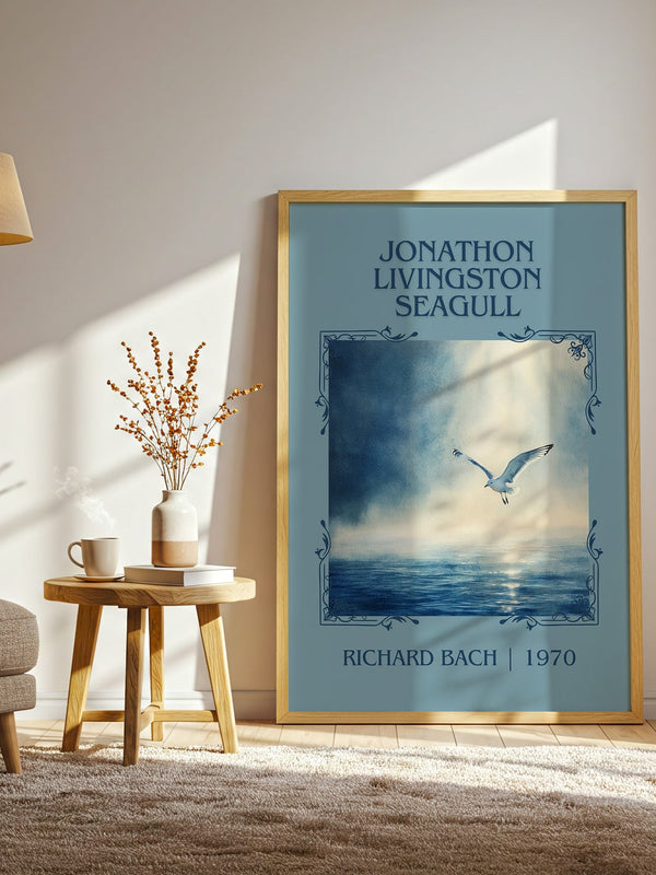 Jonathan Livingston Seagull classic book art print in frame leaning in hallway – literary fiction wall art