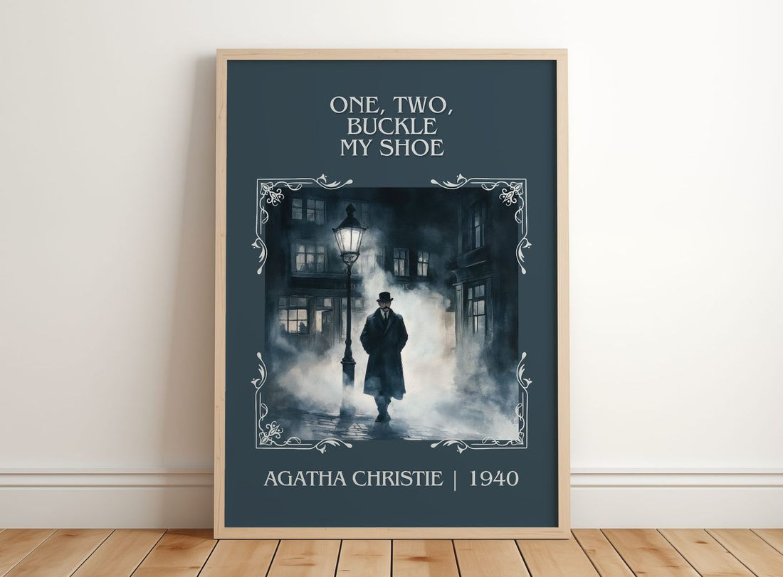 One, Two, Buckle My Shoe Classic Book Art Print by Agatha Christie – framed print leaning on a wooden floor