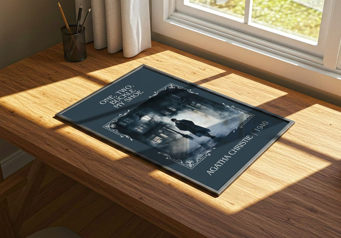 One, Two, Buckle My Shoe Classic Book Art Print by Agatha Christie – print on a sunlit desk