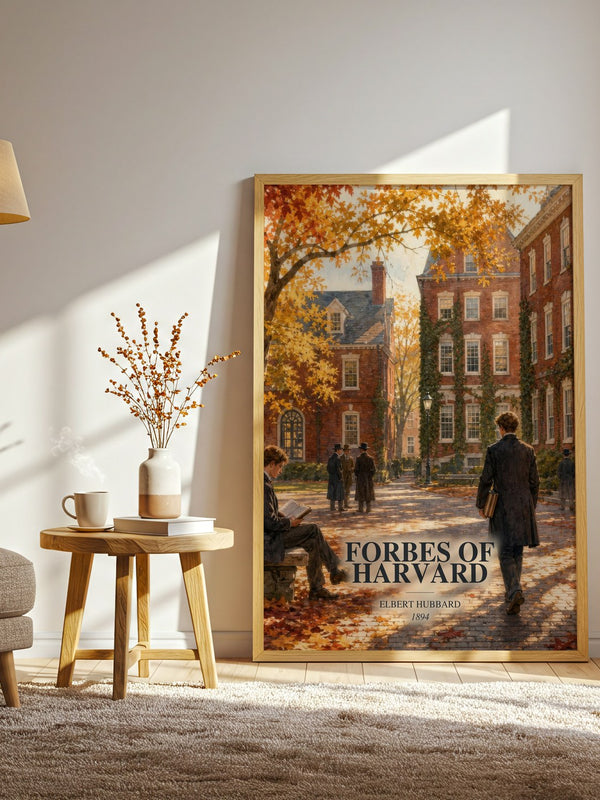 Forbes Of Harvard watercolour print in frame leaning in hallway – literary fiction wall art