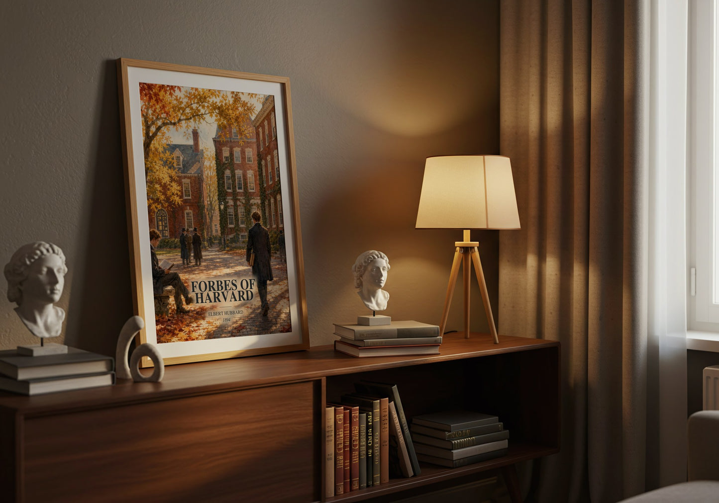 Forbes Of Harvard watercolour print on bookshelf – Elbert Hubbard fan gift