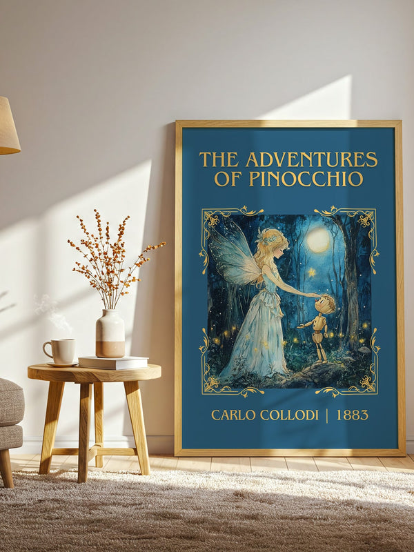 Adventures of Pinocchio classic book art print in frame leaning in hallway – childrens wall art