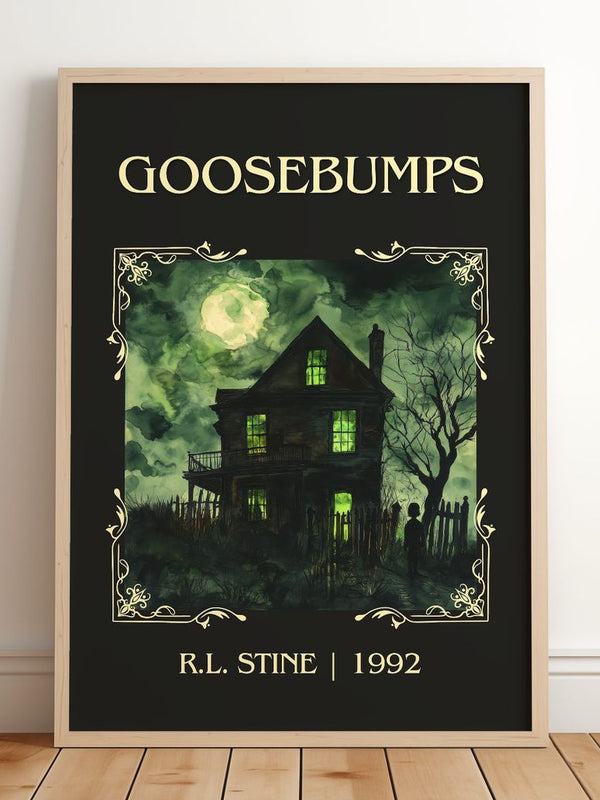 Goosebumps Classic Book Art Print by R.L. Stine – framed print leaning on a wooden floor