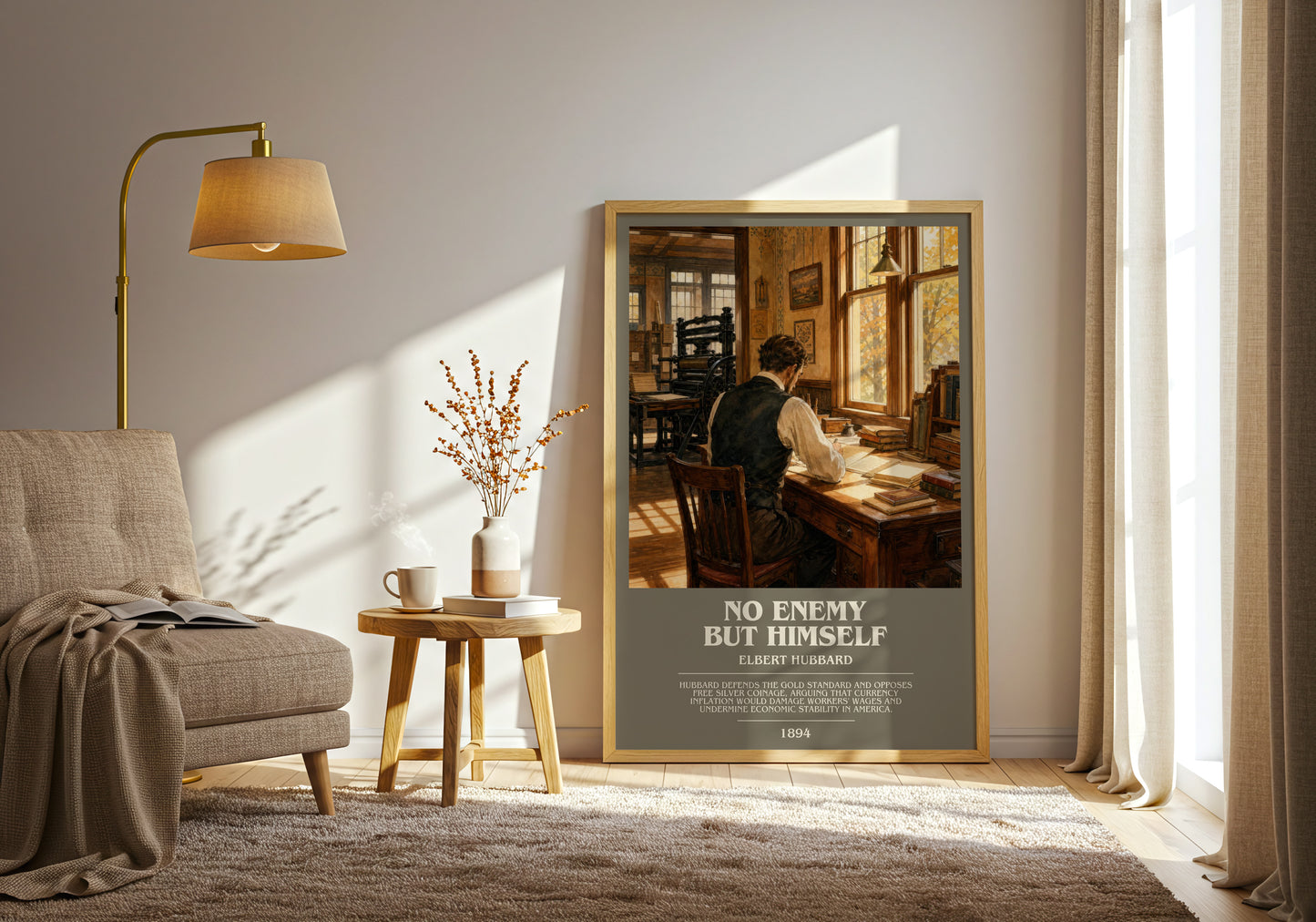 No Enemy But Himself bookish print on bookshelf – Elbert Hubbard fan gift