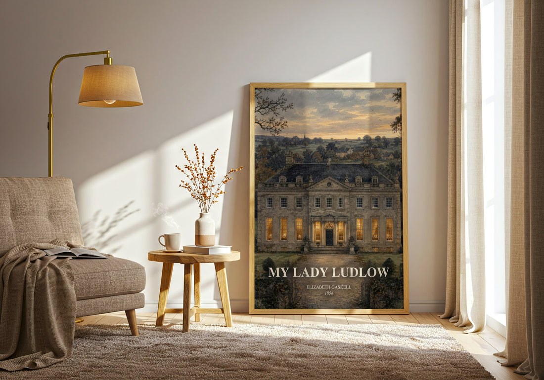 My Lady Ludlow watercolour print in frame leaning in hallway – classic literature wall art (mockup)