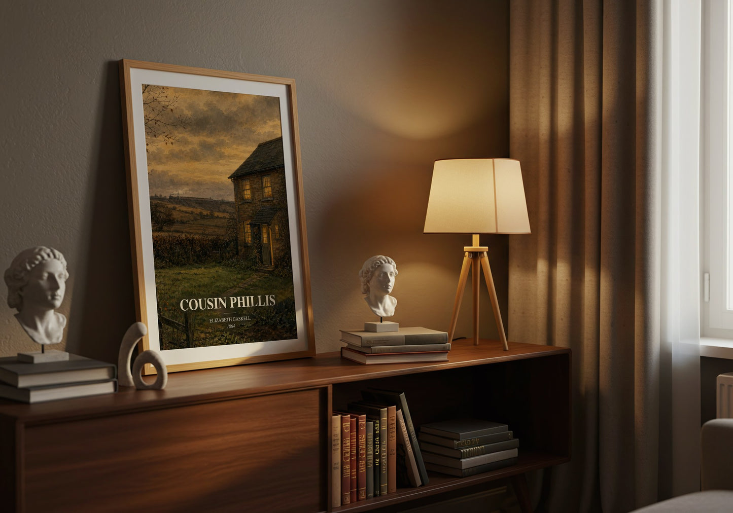 Cousin Phillis watercolour print on bookshelf – Elizabeth Gaskell fan gift