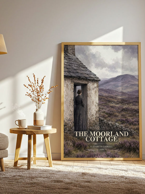 The Moorland Cottage watercolour print in frame leaning in hallway – classic literature wall art