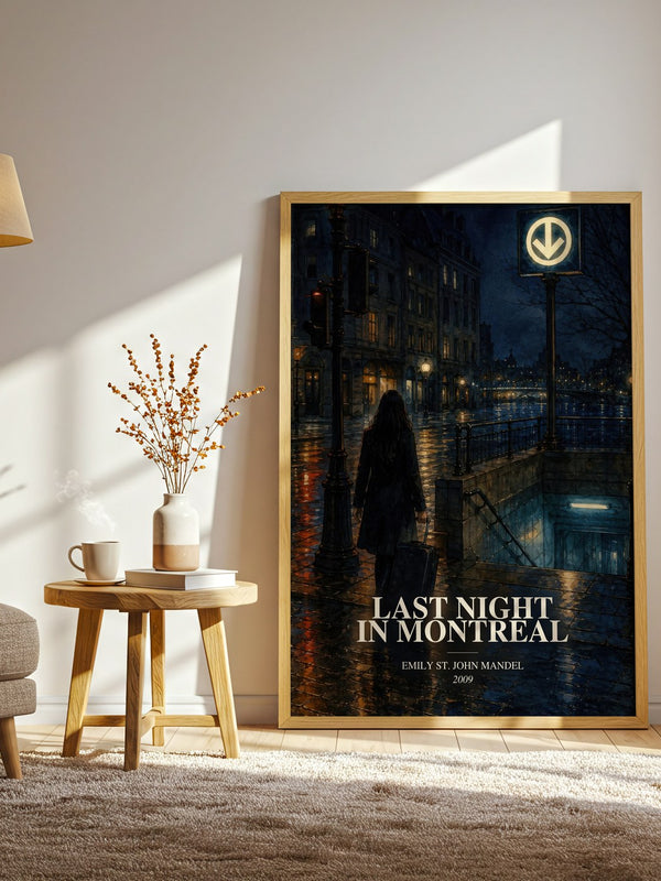 Last Night In Montreal watercolour print in frame leaning in hallway – literary fiction wall art