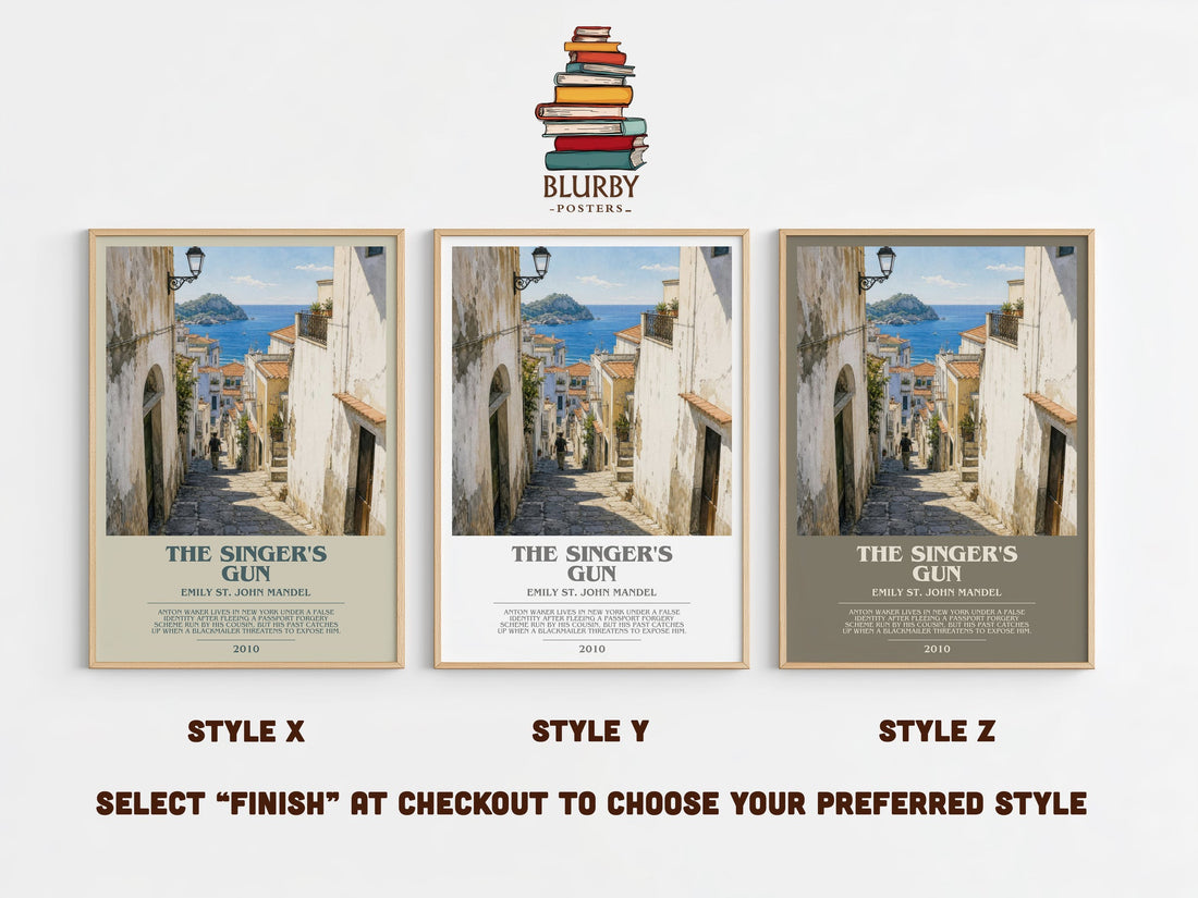 The Singer'S Gun bookish print in frame leaning in hallway – crime wall art (mockup)