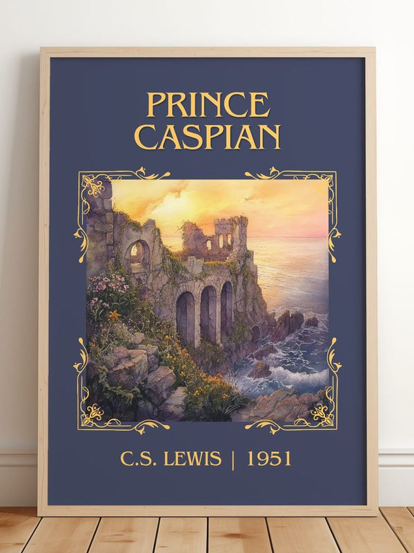 Prince Caspian Classic Book Art Print by C.S. Lewis – framed print leaning on a wooden floor
