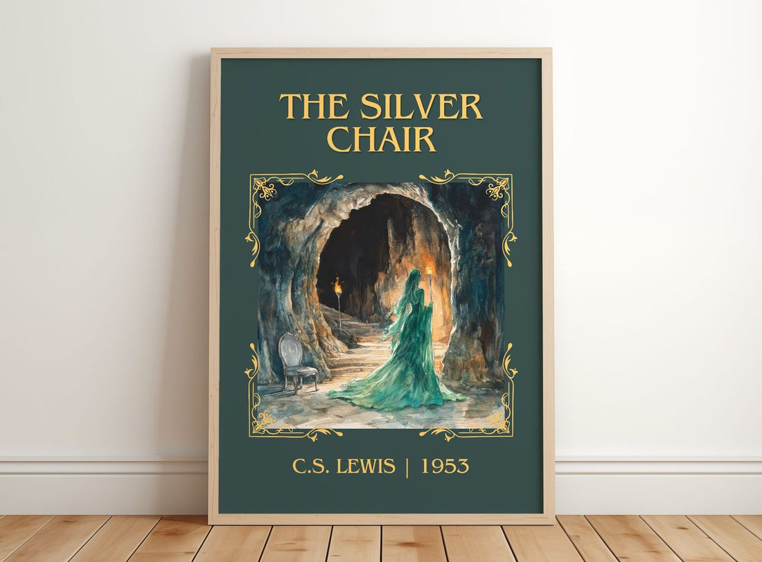 The Silver Chair Classic Book Art Print by C. S. Lewis – framed print leaning on a wooden floor