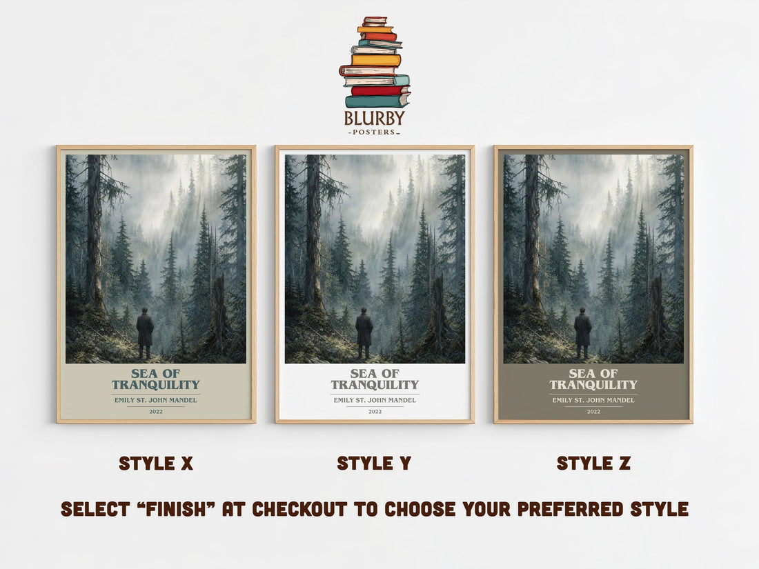 Sea Of Tranquility book cover print in frame leaning in hallway – sci fi wall art (mockup)