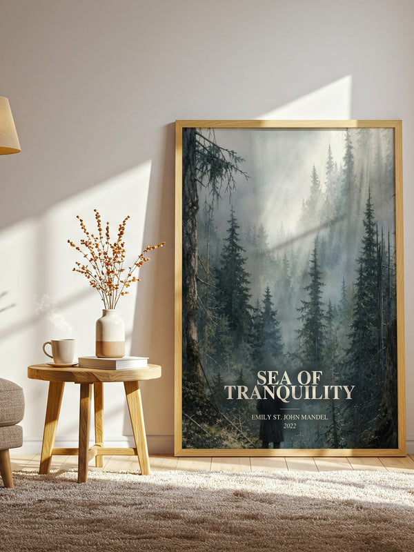 Sea Of Tranquility watercolour print in frame leaning in hallway – sci fi wall art