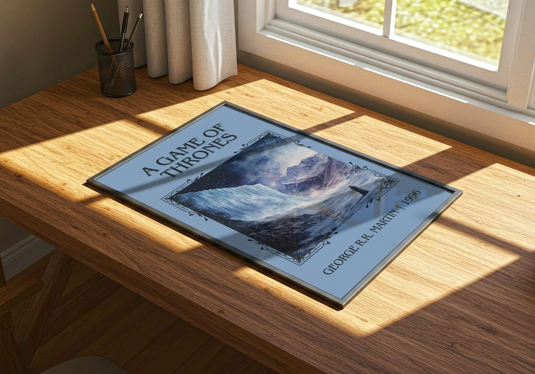 A Game Of Thrones Classic Book Art Print by George R.R. Martin – print on a sunlit desk