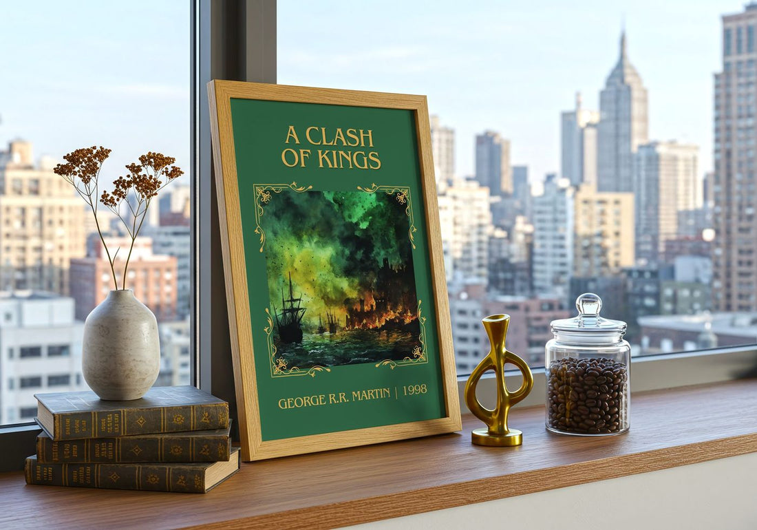 A Clash of Kings Classic Book Art Print by George R. R. Martin – framed print on a city-view windowsill