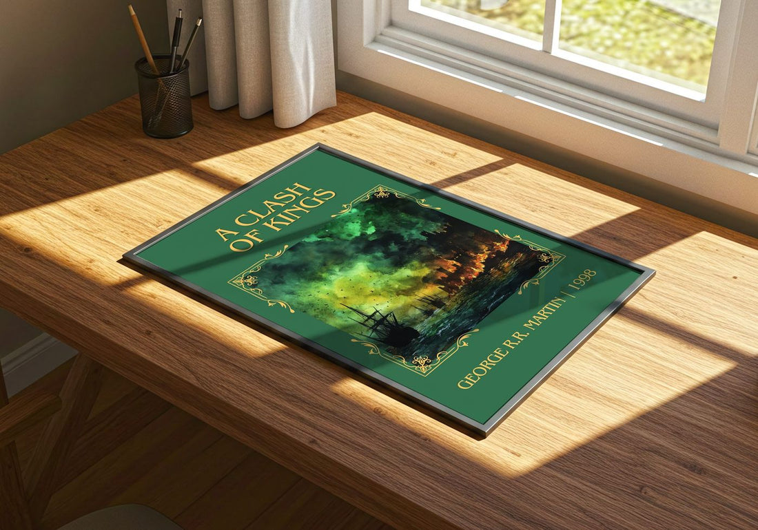 A Clash of Kings Classic Book Art Print by George R. R. Martin – print on a sunlit desk