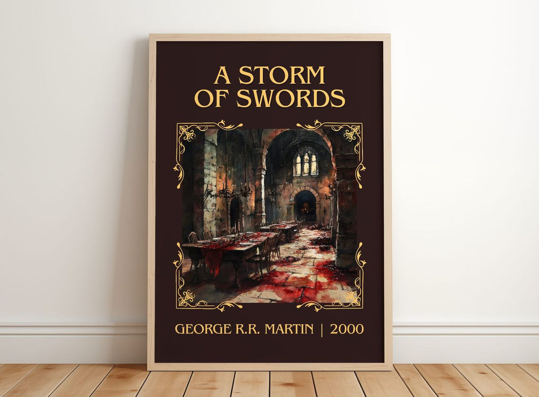 A Storm of Swords Classic Book Art Print by George R. R. Martin – framed print leaning on a wooden floor