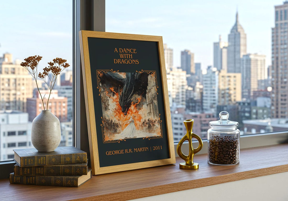 A Dance With Dragons Classic Book Art Print by George R.R. Martin – framed print on a city-view windowsill