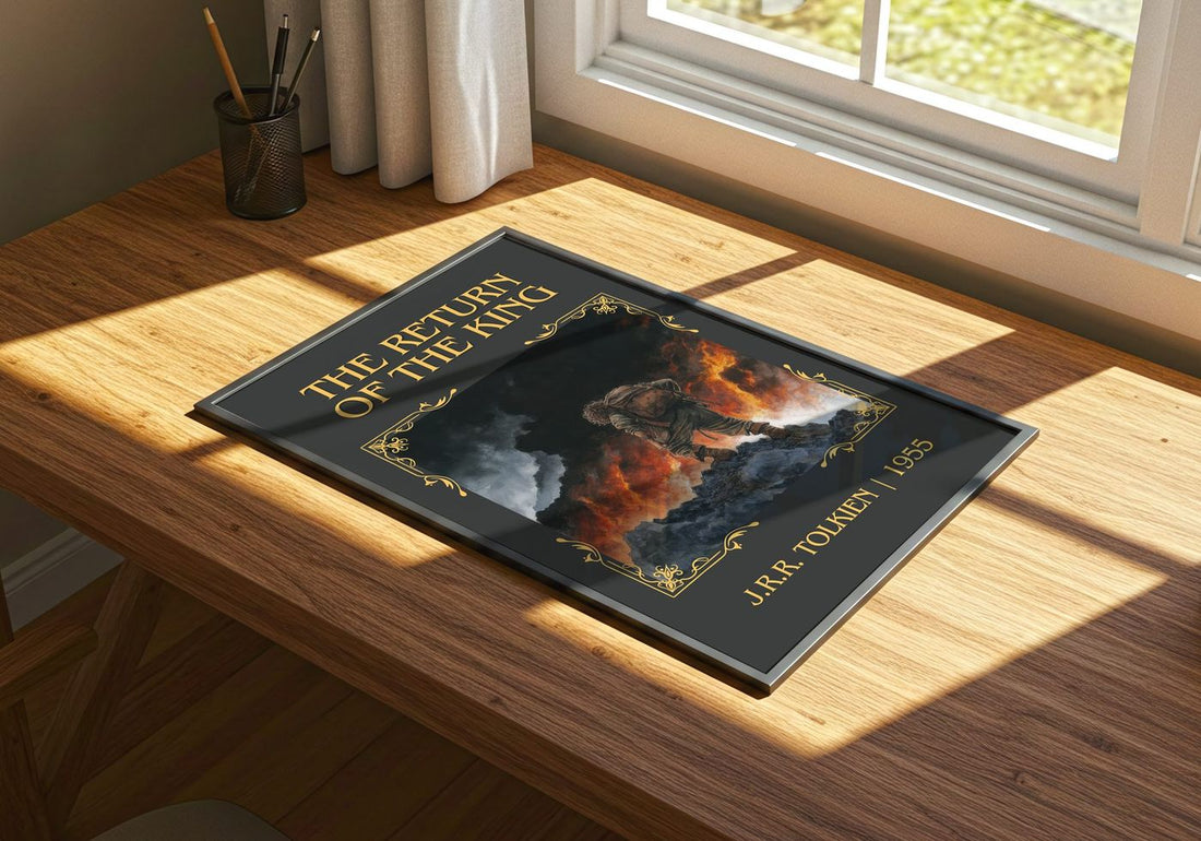 The Return Of The King Classic Book Art Print by J.R.R. Tolkien – print on a sunlit desk