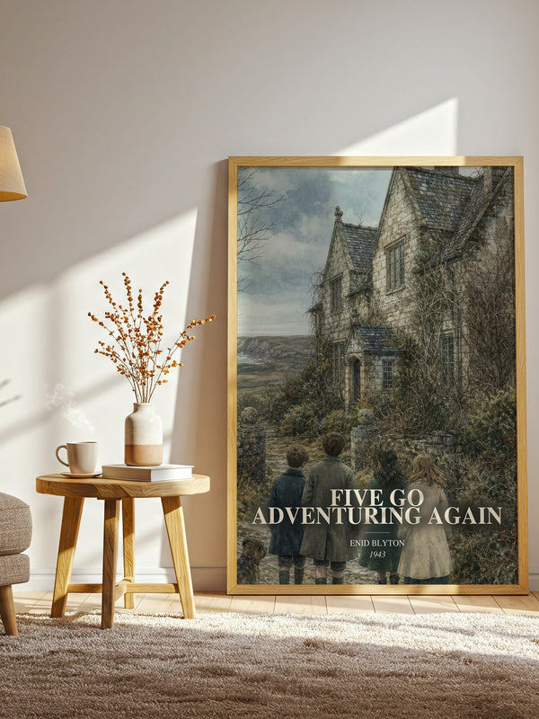 Five Go Adventuring Again watercolour print in frame leaning in hallway – childrens wall art