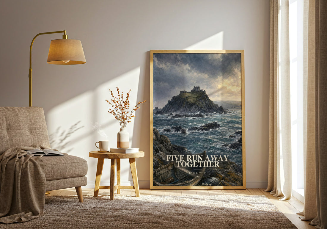 Five Run Away Together watercolour print in frame leaning in hallway – childrens wall art (mockup)