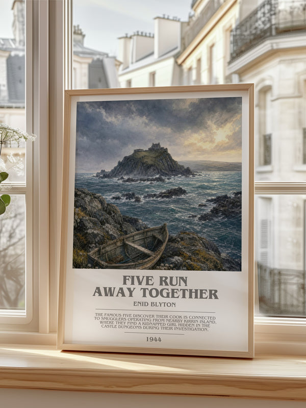 Five Run Away Together Bookish Wall Art by Enid Blyton – framed print by a bright window