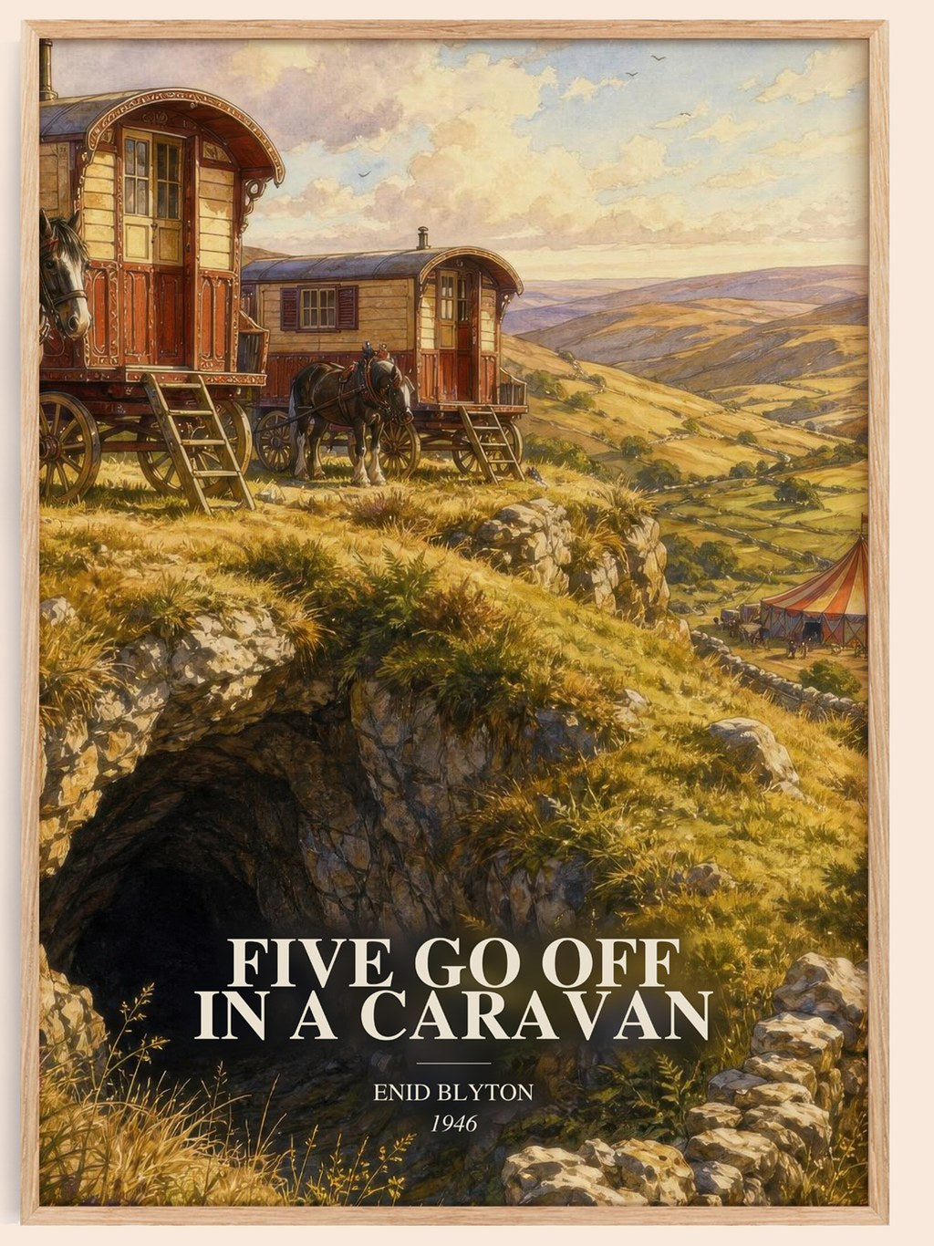 Five Go Off In A Caravan watercolour book poster by Enid Blyton – framed literary art print