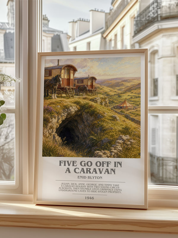 Five Go Off In A Caravan bookish poster colour and style options – Enid Blyton book art
