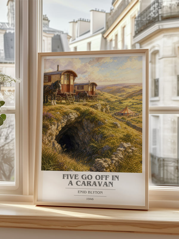Five Go Off In A Caravan Book Cover Poster by Enid Blyton – framed print by a bright window