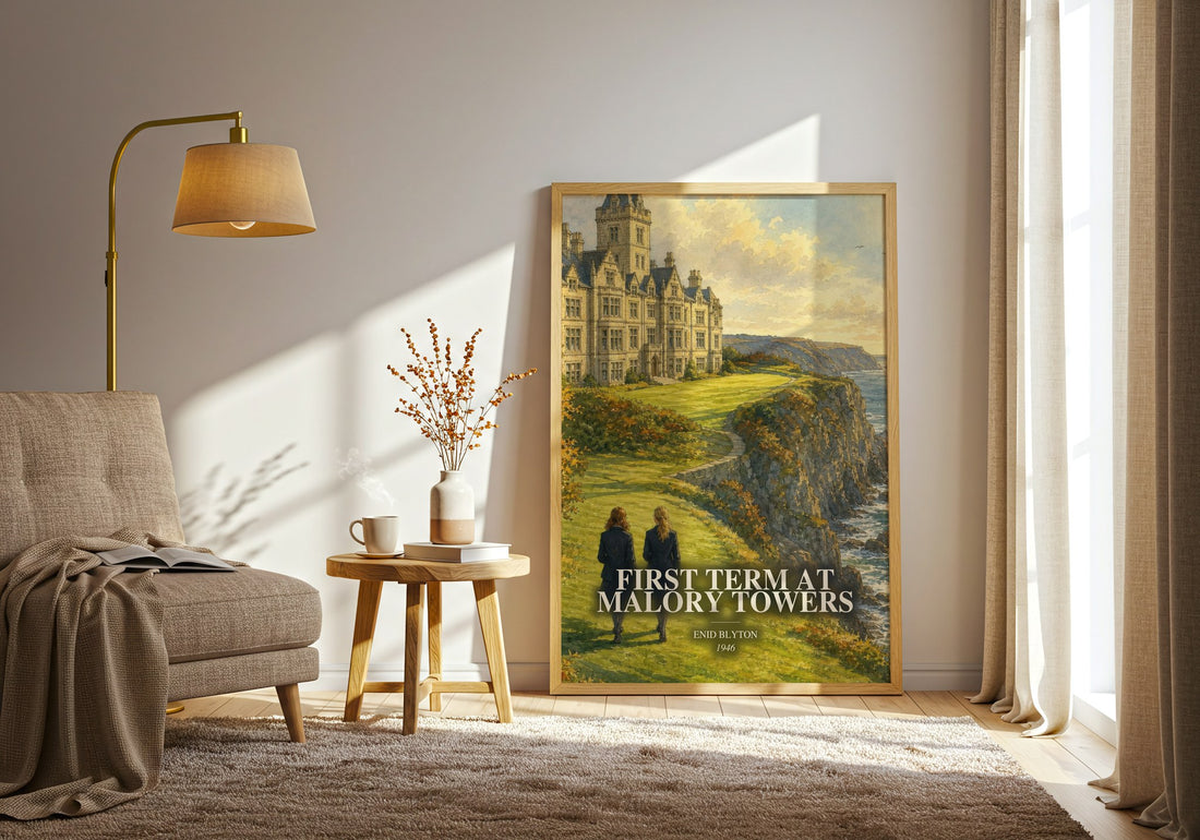 First Term At Malory Towers watercolour print in frame leaning in hallway – childrens wall art (mockup)