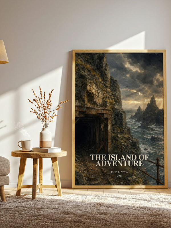 The Island Of Adventure watercolour print in frame leaning in hallway – childrens wall art