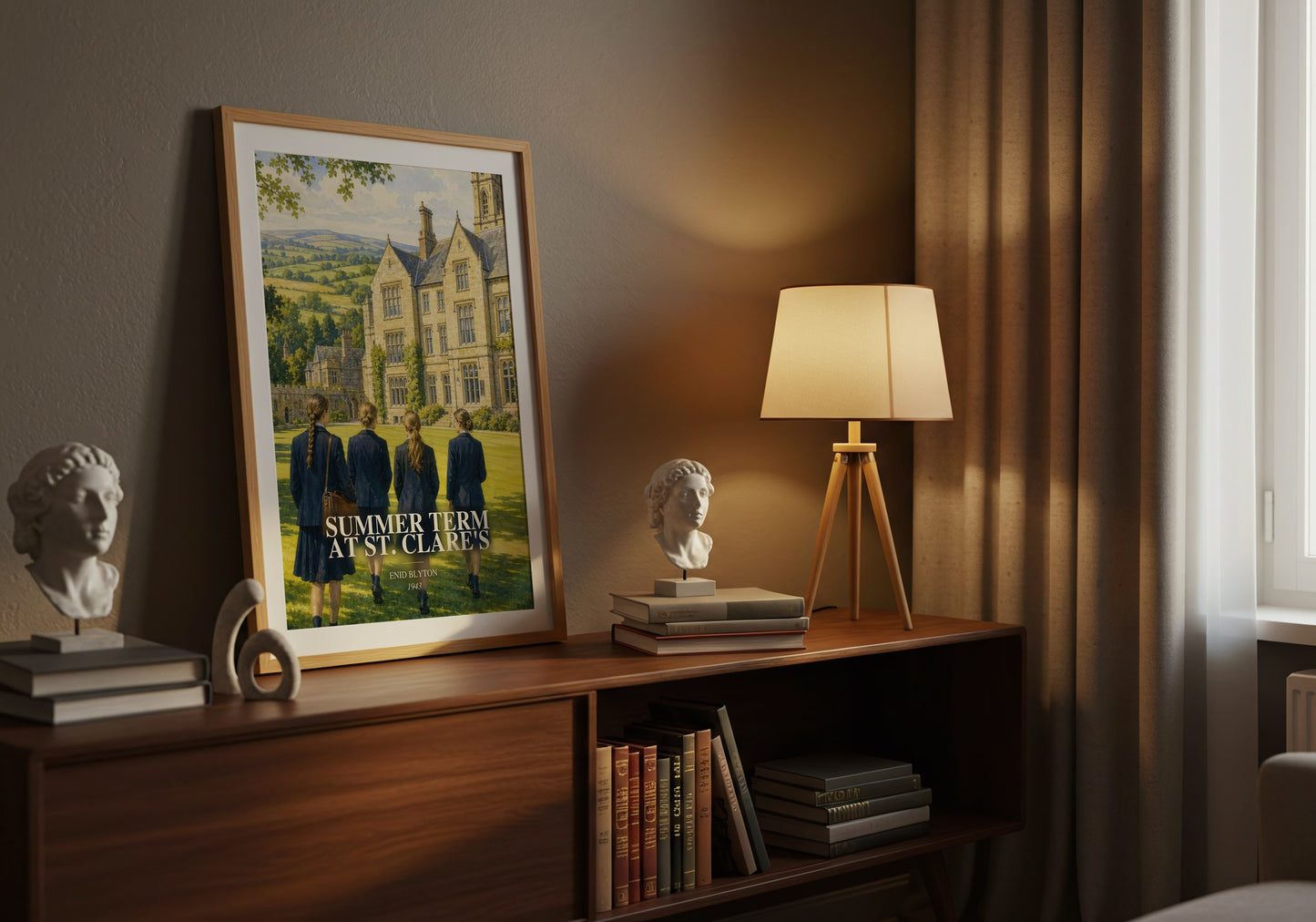 Summer Term At St. Clare'S watercolour print on bookshelf – Enid Blyton fan gift