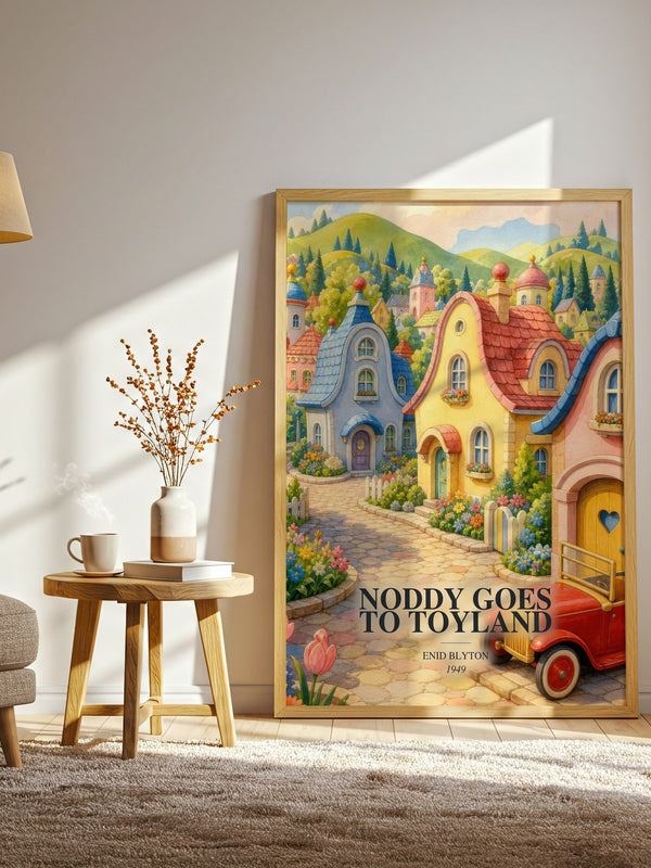 Noddy Goes To Toyland watercolour print in frame leaning in hallway – childrens wall art