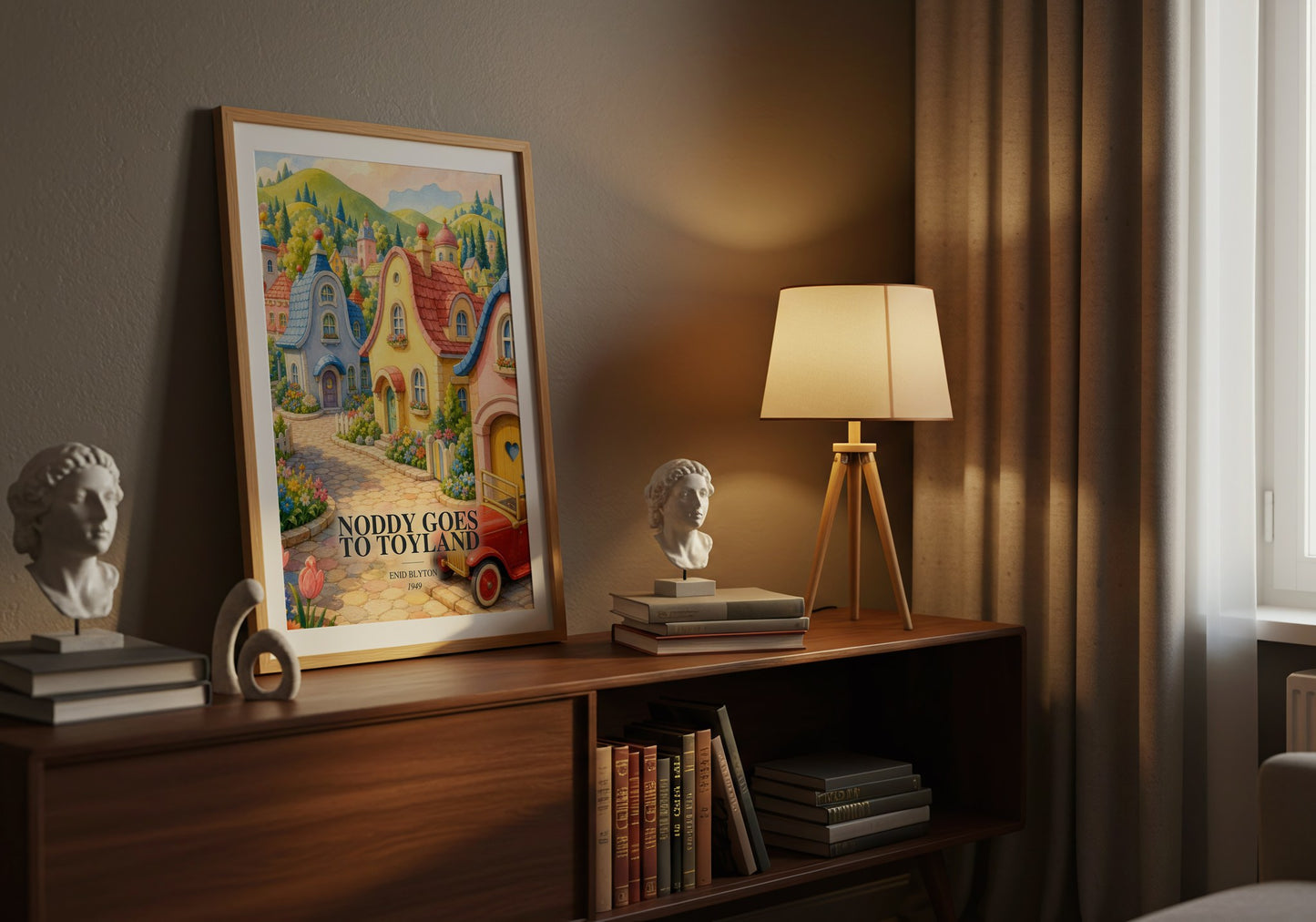 Noddy Goes To Toyland watercolour print on bookshelf – Enid Blyton fan gift