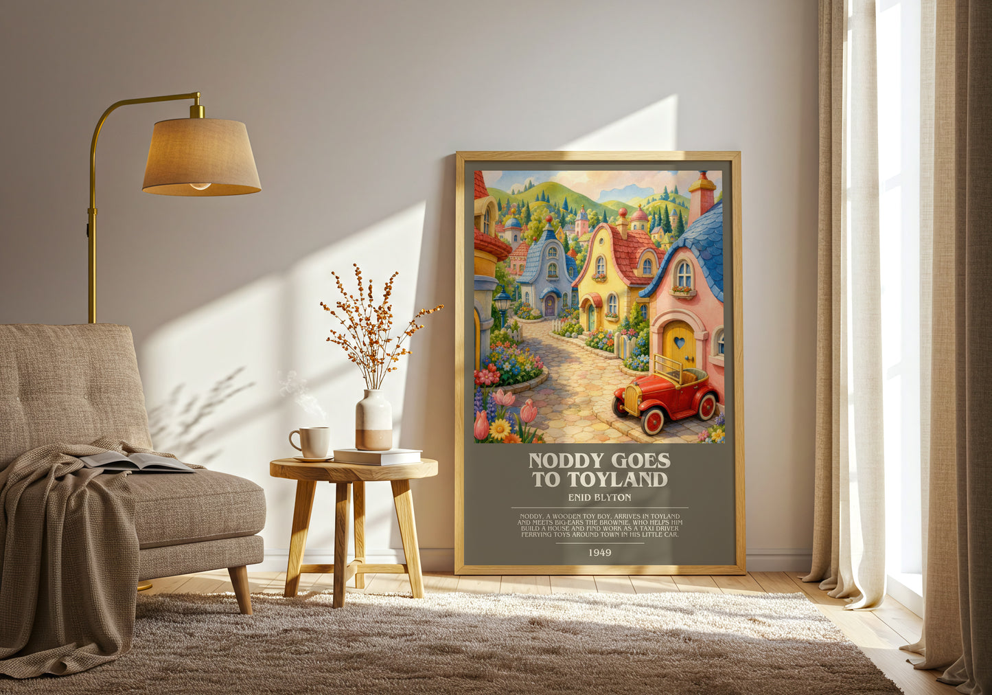 Noddy Goes To Toyland bookish print on bookshelf – Enid Blyton fan gift