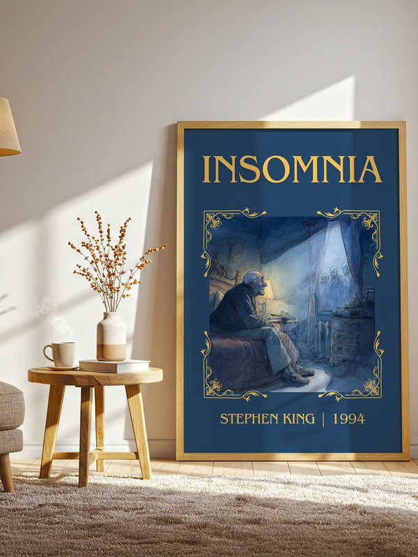 Insomnia classic book art print in frame leaning in hallway – horror wall art